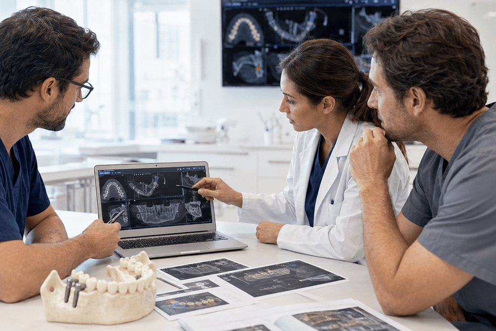 Dental professionals reviewing implant training materials in a clinical setting.
