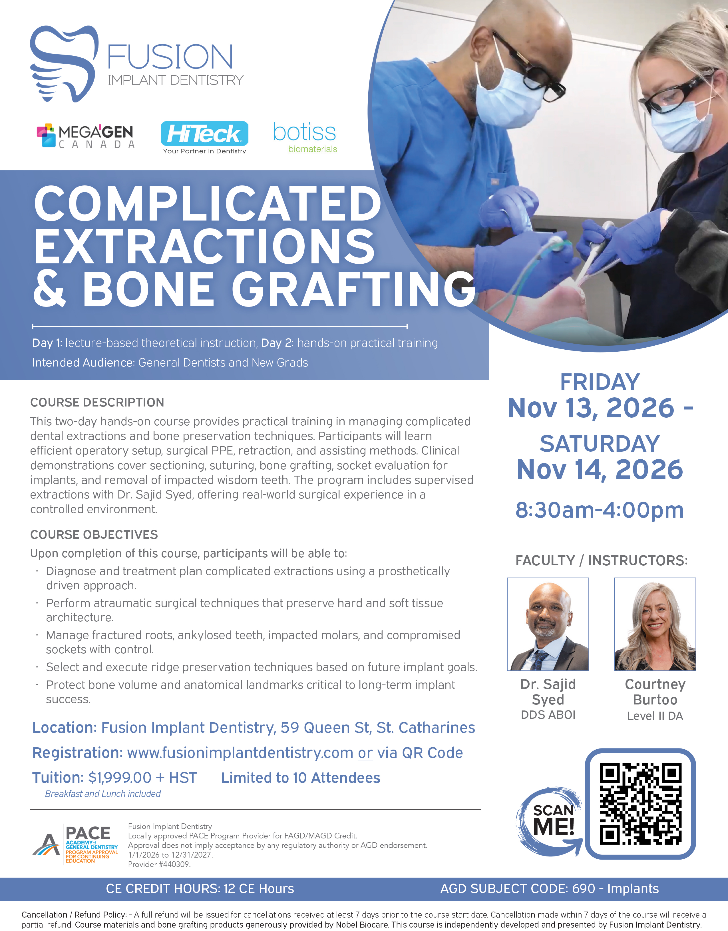 Complicated Extractions and Bone Grafting course at Fusion Implant Dentistry, November 13 and 14, 2026